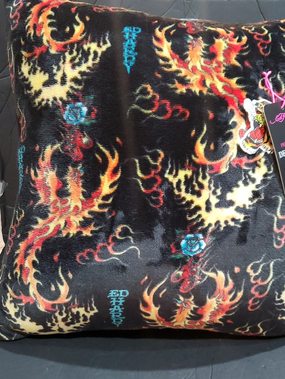 Ed Hardy black velvet plush fiery dragon blue rose print throw decor pillow new